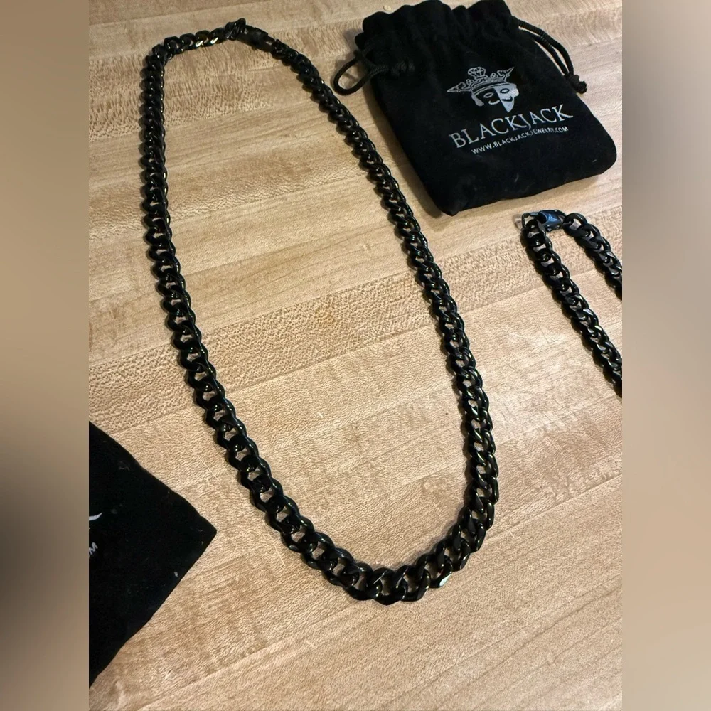 Blackjack Jewelry Black Chain Necklace & Bracelet Set Gothic Street Style Unisex